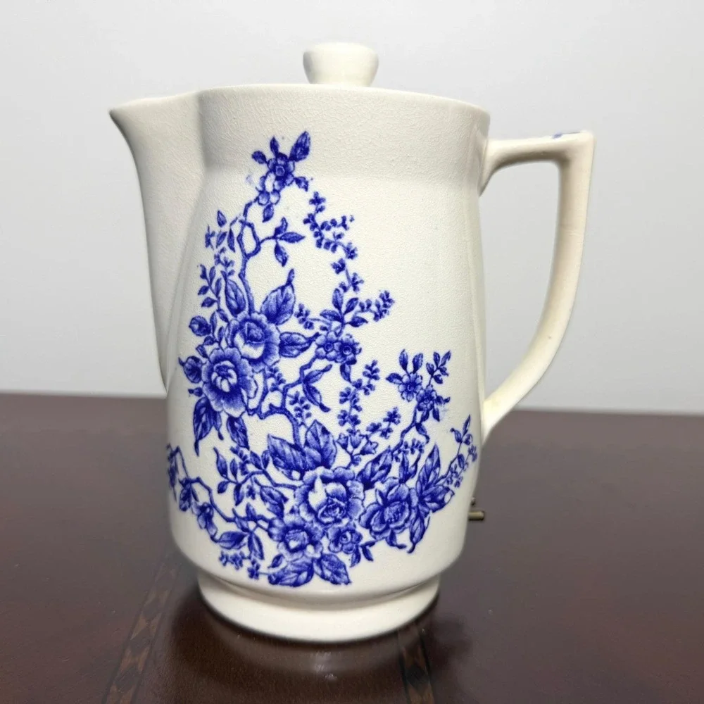 Vintage Blue White‎ Floral Ceramic Electric Teapot Cottagecore Farmhouse MCM